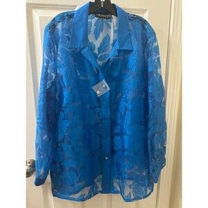 sag harbor dress women Sheer Floral Burnout Blouse Button-Up long sleeve blue 20